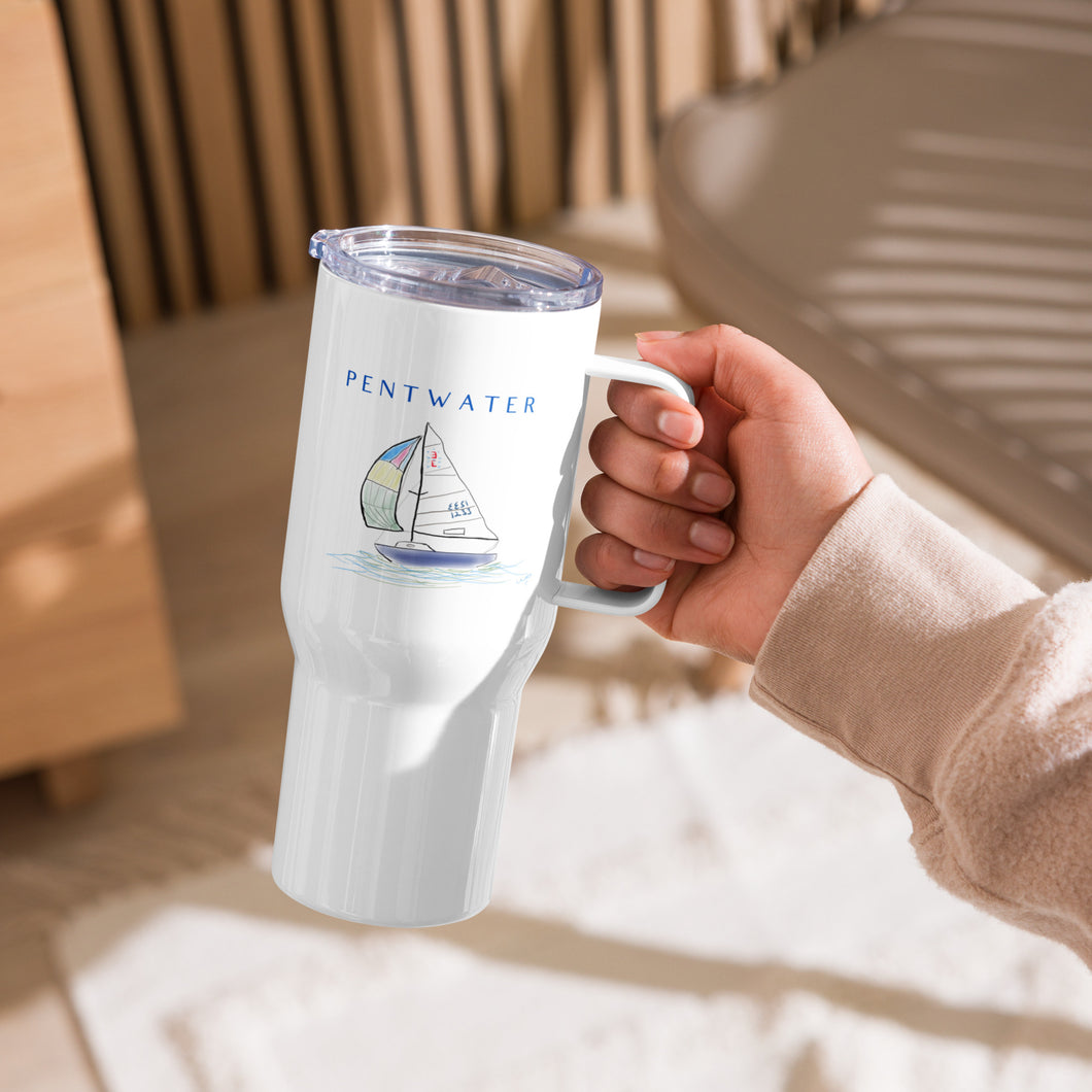 Clear Sailing In Pentwater travel mug with handle